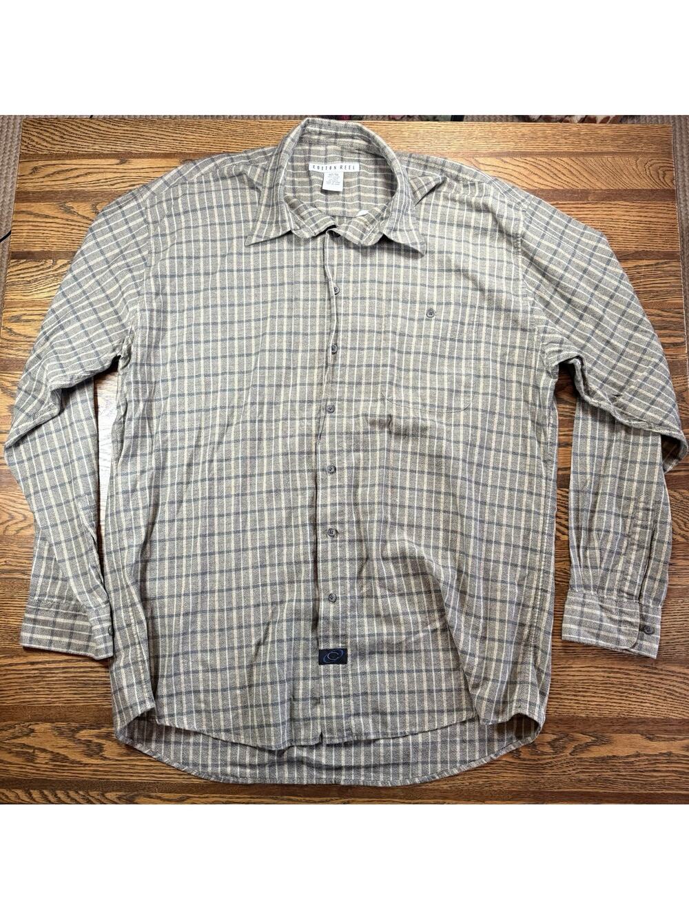 Cotton Reel Men’s Long Sleeve Button Down Gray/Beige/Blue 100% Cotton Sz XL Tall